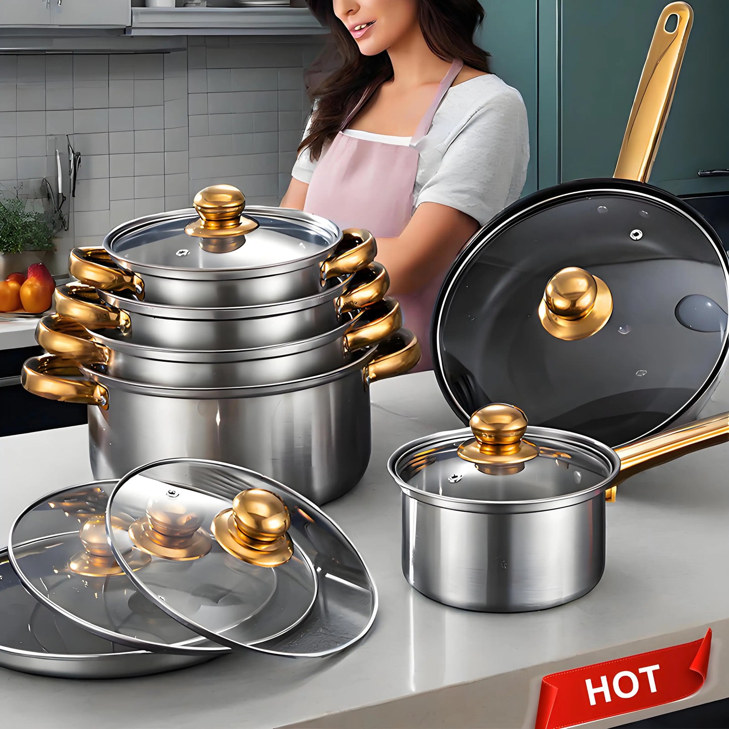 12-Piece Cookware Set, Stainless Steel, Non-Stick, ergonomic design