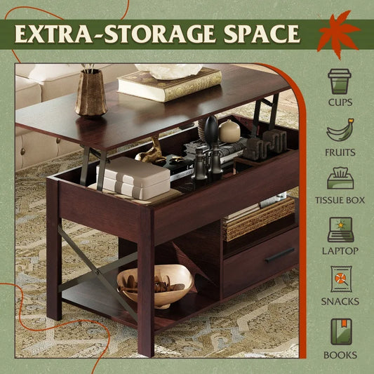 Lift Top Coffee Table with Hidden Compartment/ Storage/ Drawers and Shelf