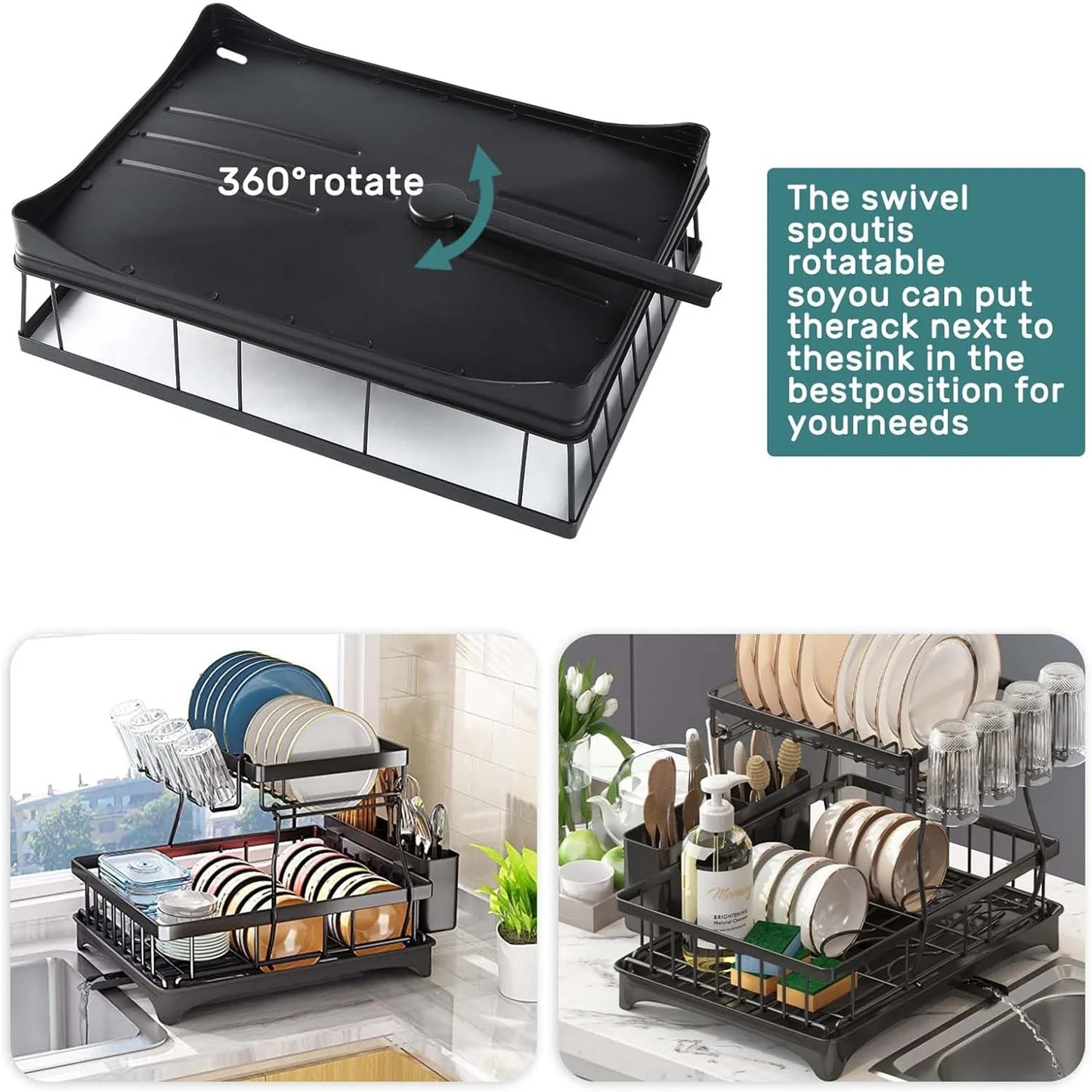 2-Tier Stainless Steel Dish Drying Rack –With Drainer & Cutlery Holder