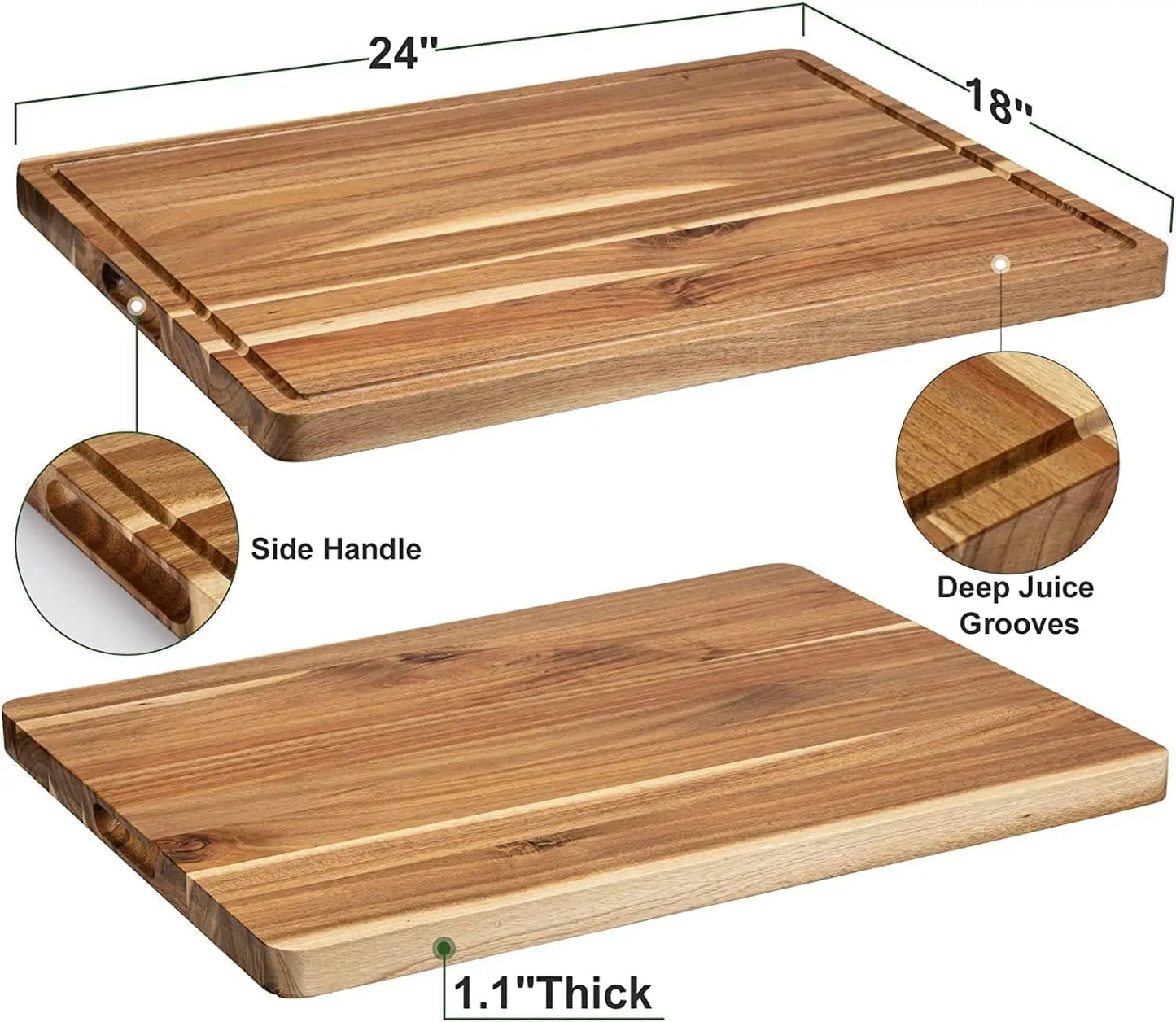 Butcher Block Cutting Board, Thick with Side Handles & Water Grooves