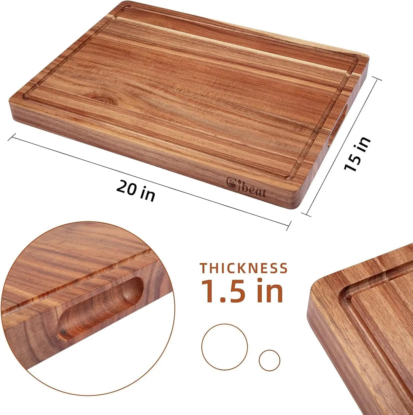 Butcher Block Cutting Board, Thick with Side Handles & Water Grooves