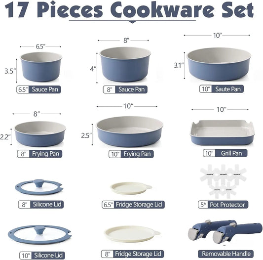 17 Piece Ceramic Cookware Set, Nonstick, Detachable Handle