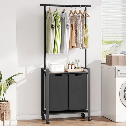 Laundry Sorter With Extendable Hanging Bar/ Wheels And Shelf