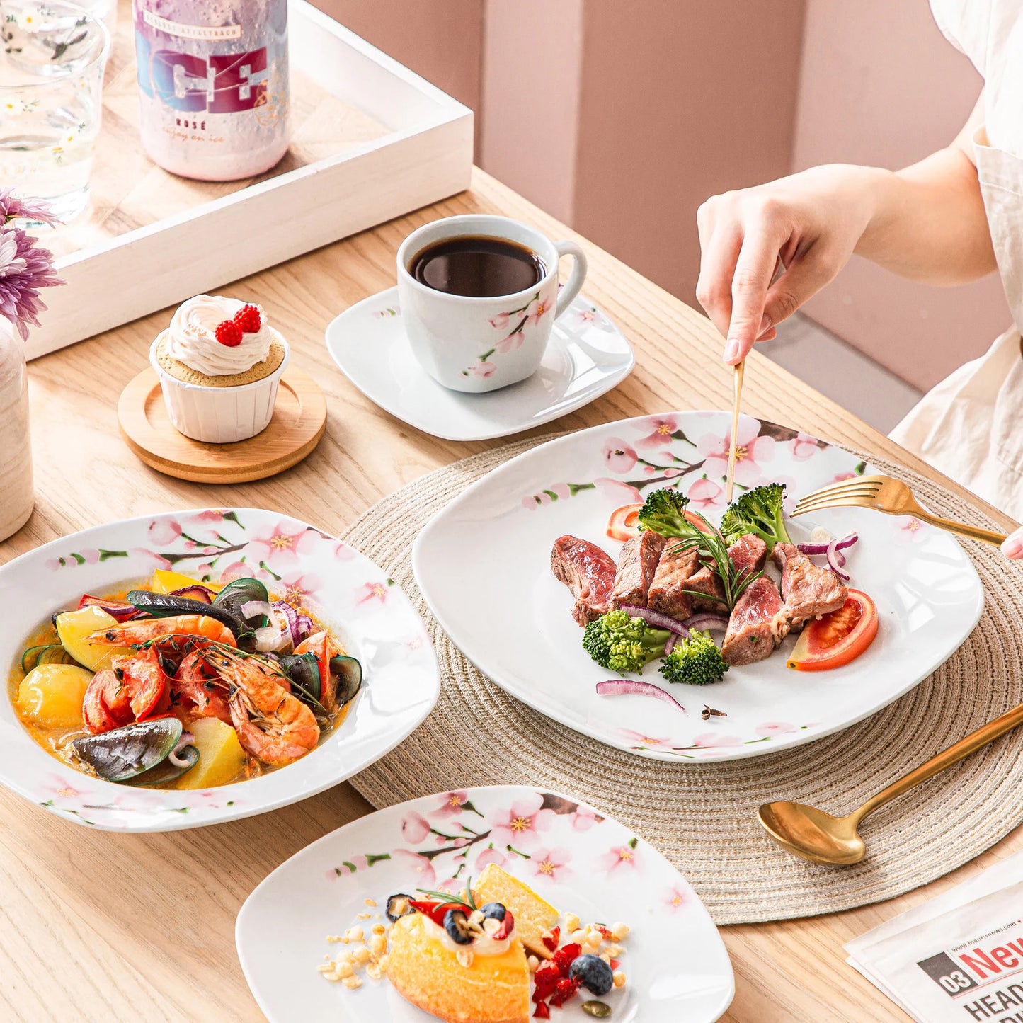 60-Piece White Ceramic Pink Floral Porcelain Plate Set