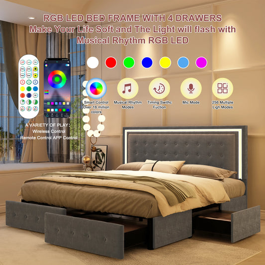 LED Bed Frame with 4Drawers, RGBW Headboard, PU Upholstered, No Box Spring Needed