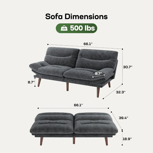 Futon Sofa Bed with Adjustable Backrest & Armrests