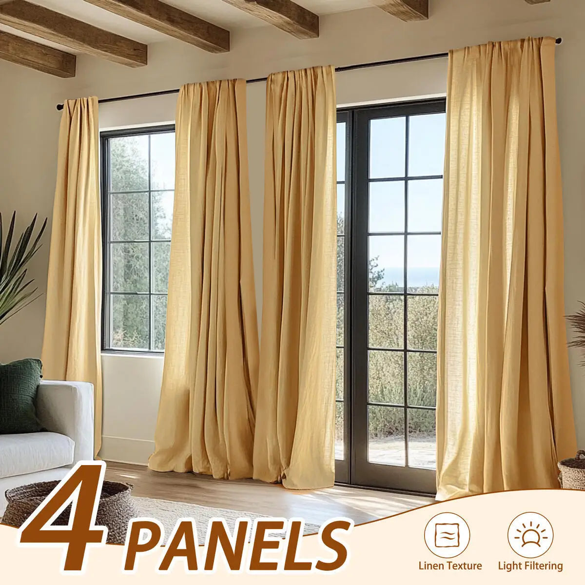 4Panel Light Filtering, Linen Texture and Rod Pocket Window Drapes
