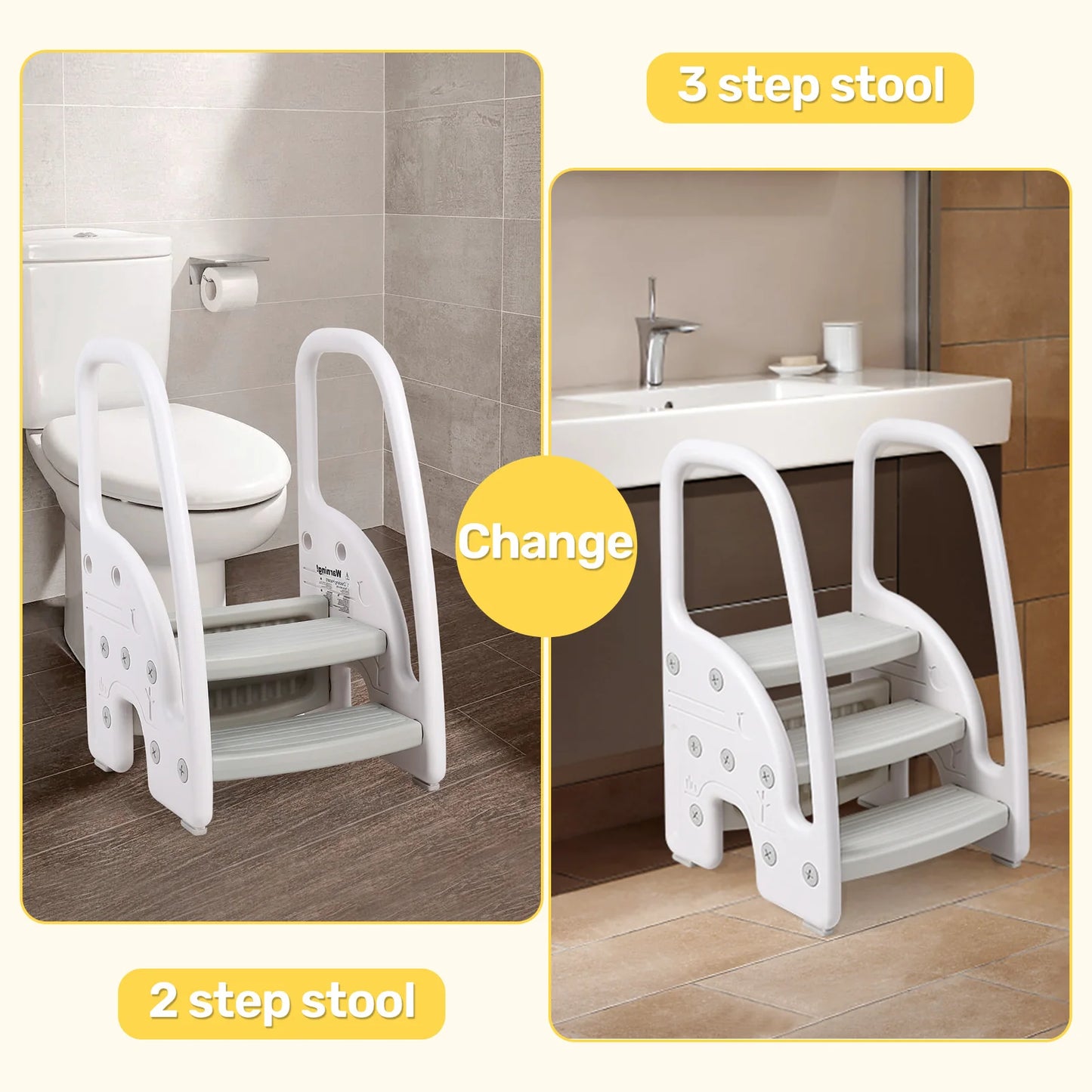Toddler and Kids Step Stool with Handles Sides, Plastic 3 Steps, multi-use