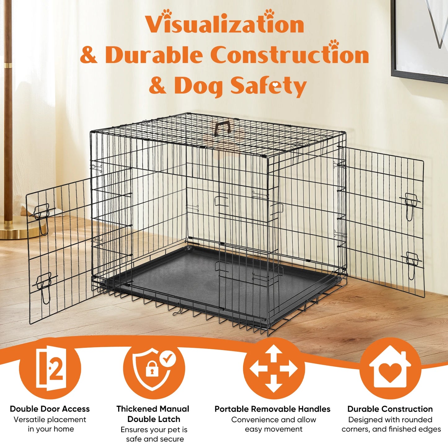 Double Door Folding Metal Pet Kennel with Plastic Leak-Proof Pan Tray