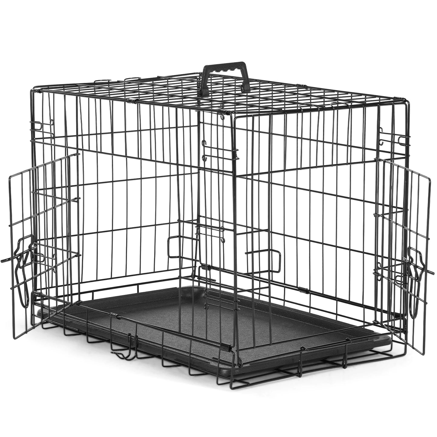 Double Door Folding Metal Pet Kennel with Plastic Leak-Proof Pan Tray