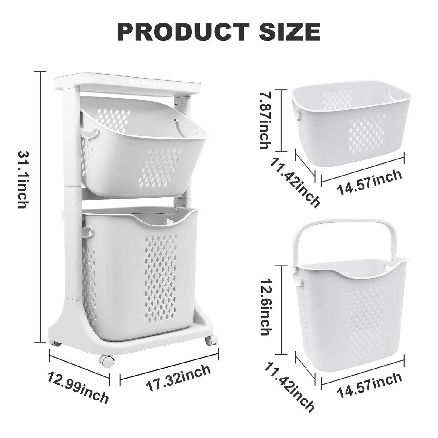 Plastic 2/4 Tier Laundry Basket Cart Removable Storage with 4 Wheels
