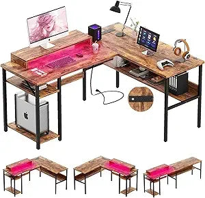 Reversible L Shaped Desk with Power Outlets, Smart LED Light