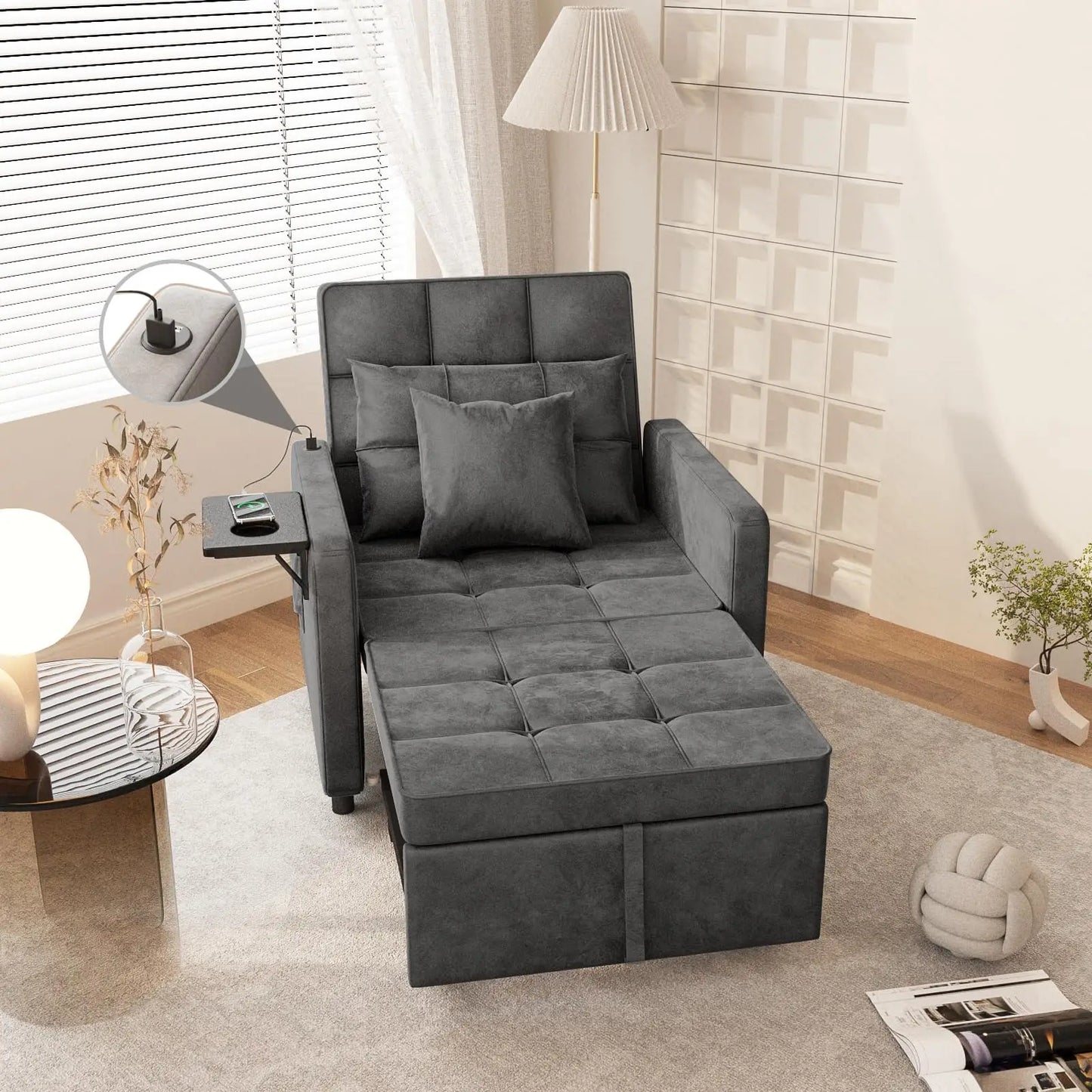 Velvet Chaise Lounge Chair with USB Ports & Two Pillows