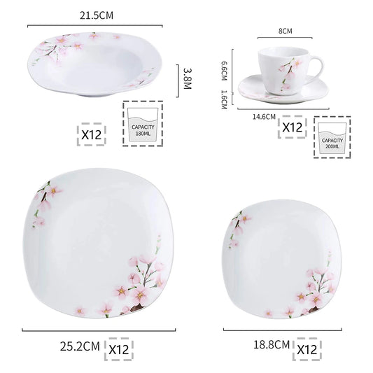 60-Piece White Ceramic Pink Floral Porcelain Plate Set