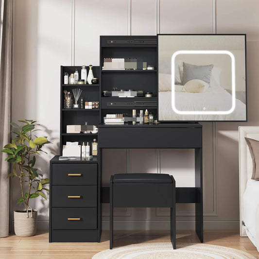 Vanity Desk with Mirror and Led Lights, Bench Included
