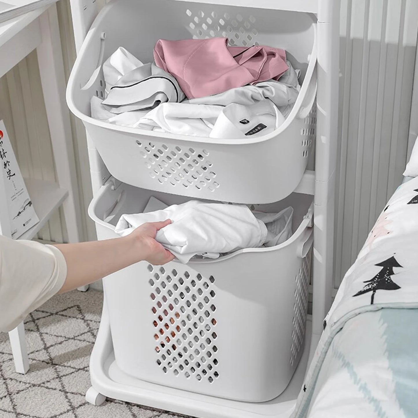 Plastic 2/4 Tier Laundry Basket Cart Removable Storage with 4 Wheels