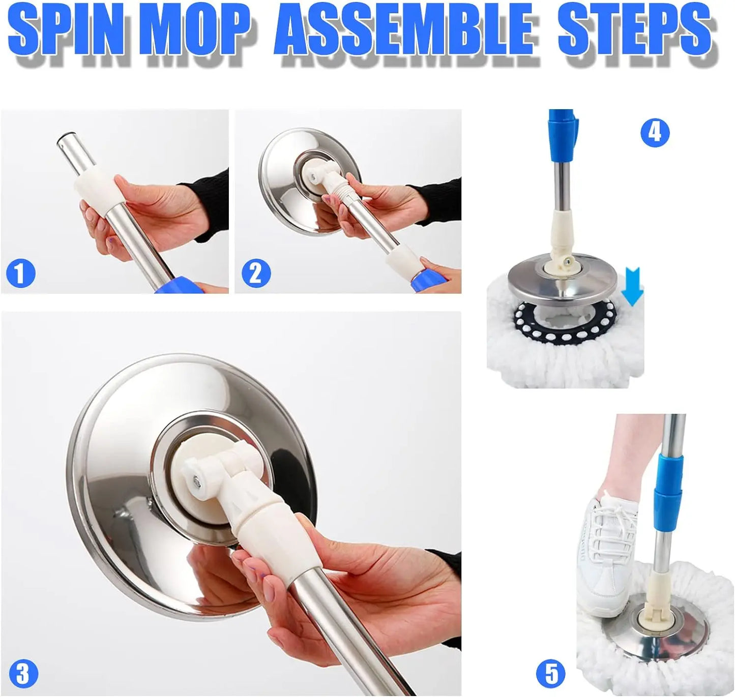 Spin Round Mop Bucket System with Wringer 3 Mopheads And Extendable Handle
