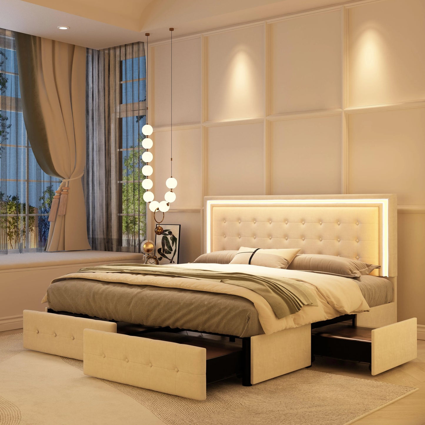 LED Bed Frame with 4Drawers, RGBW Headboard, PU Upholstered, No Box Spring Needed