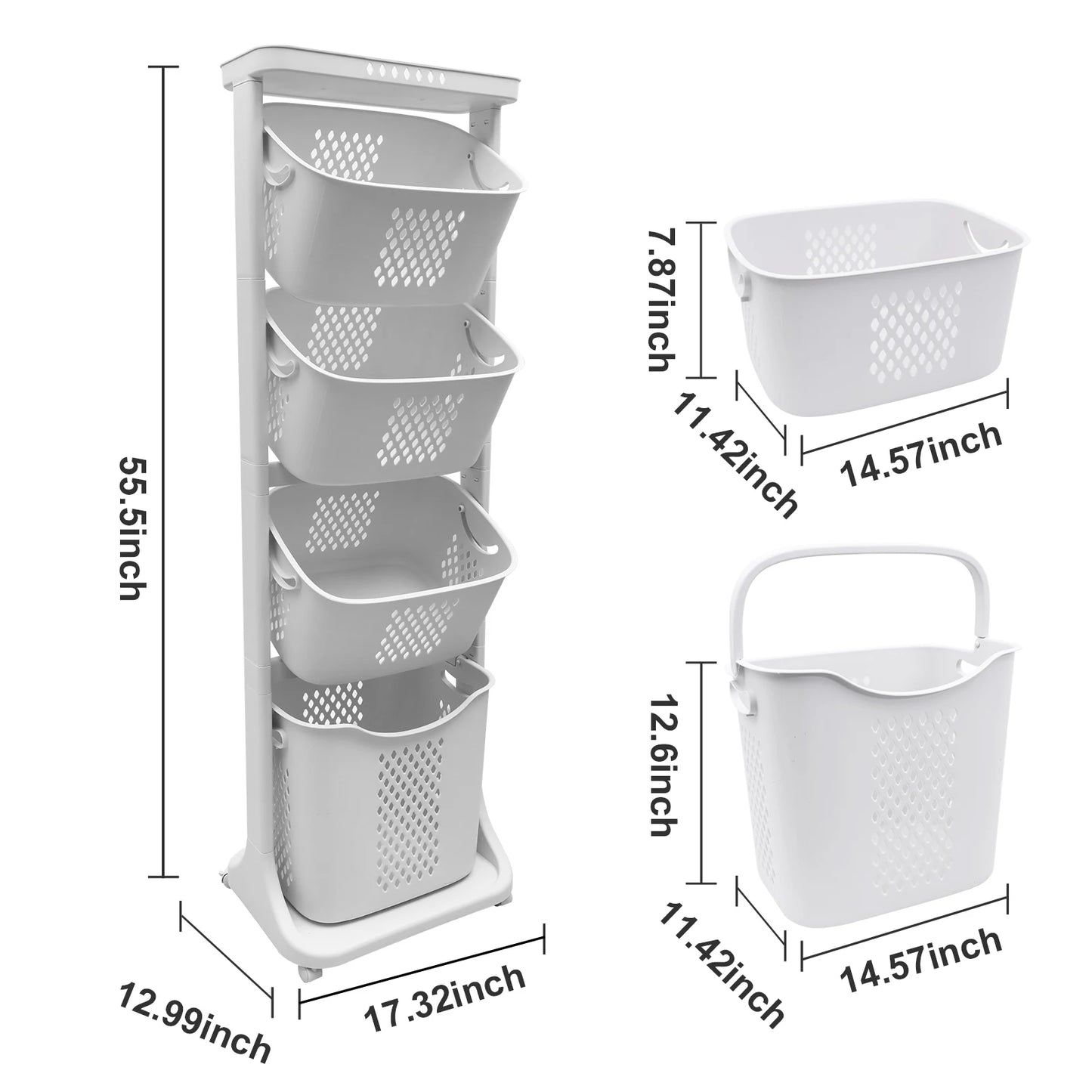 Plastic 2/4 Tier Laundry Basket Cart Removable Storage with 4 Wheels