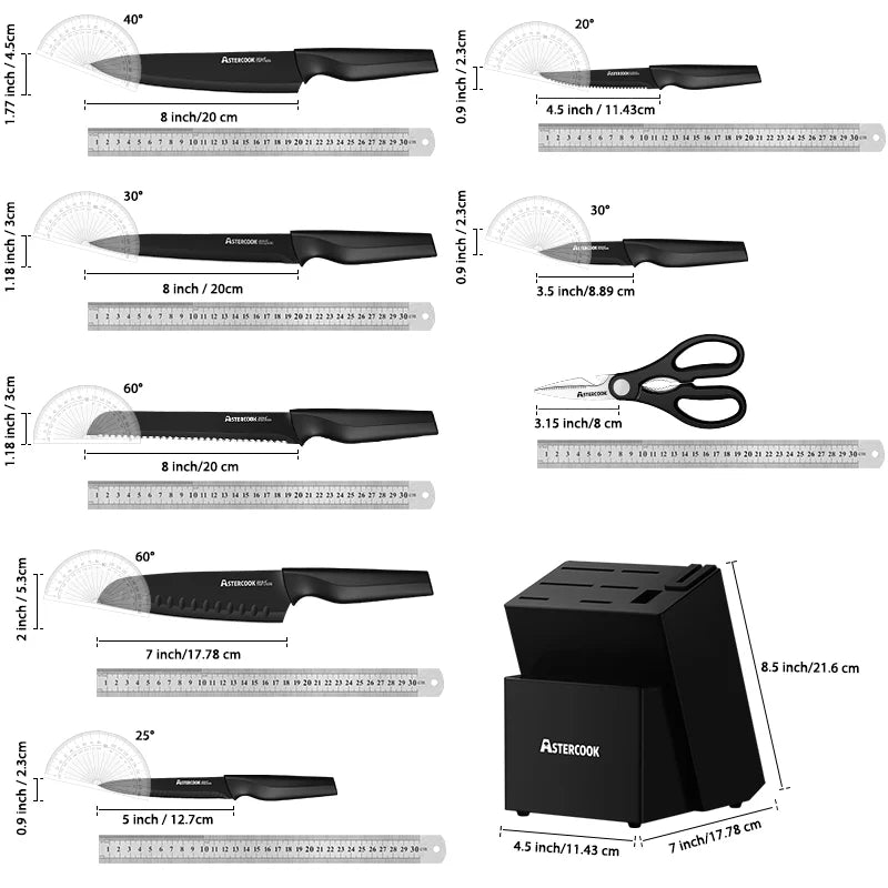 Kitchen Knife Set with Built-in Sharpener Block, 15 Pieces Stainless Steel