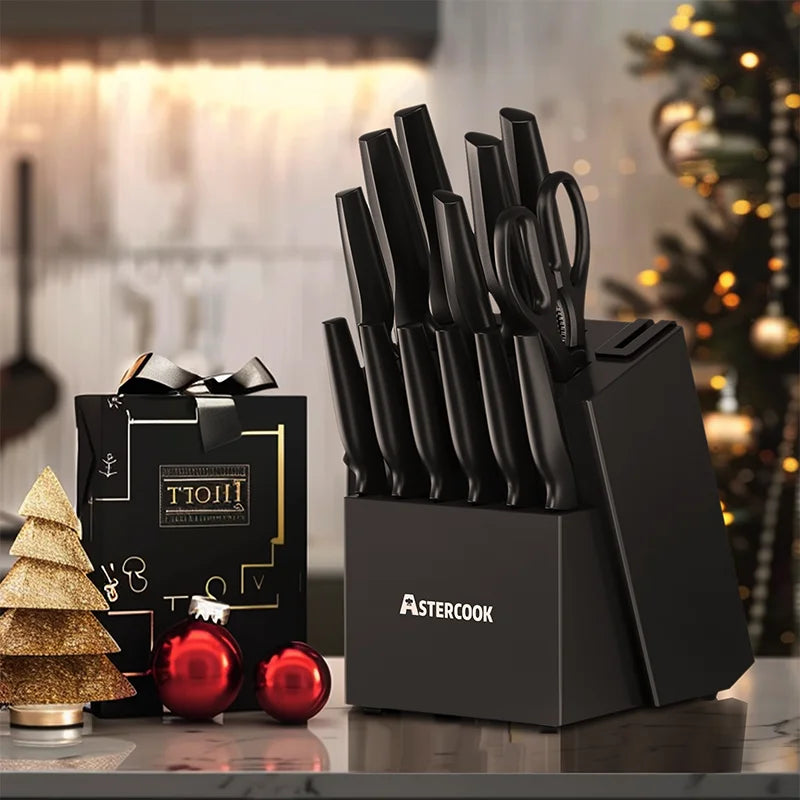 Kitchen Knife Set with Built-in Sharpener Block, 15 Pieces Stainless Steel