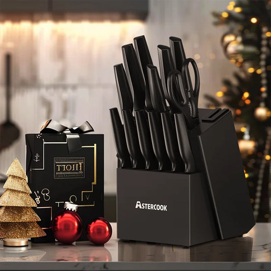 Kitchen Knife Set with Built-in Sharpener Block, 15 Pieces Stainless Steel