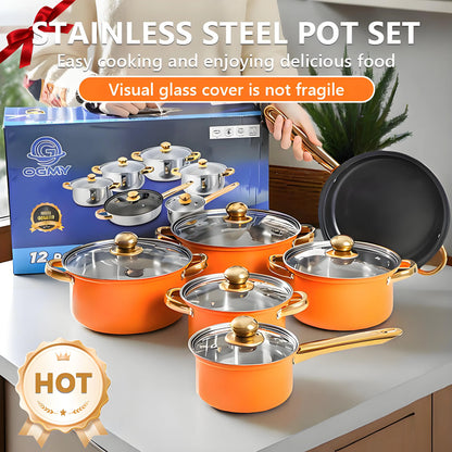 12-Piece Cookware Set, Stainless Steel, Non-Stick, ergonomic design