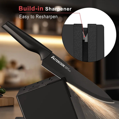 Kitchen Knife Set with Built-in Sharpener Block, 15 Pieces Stainless Steel