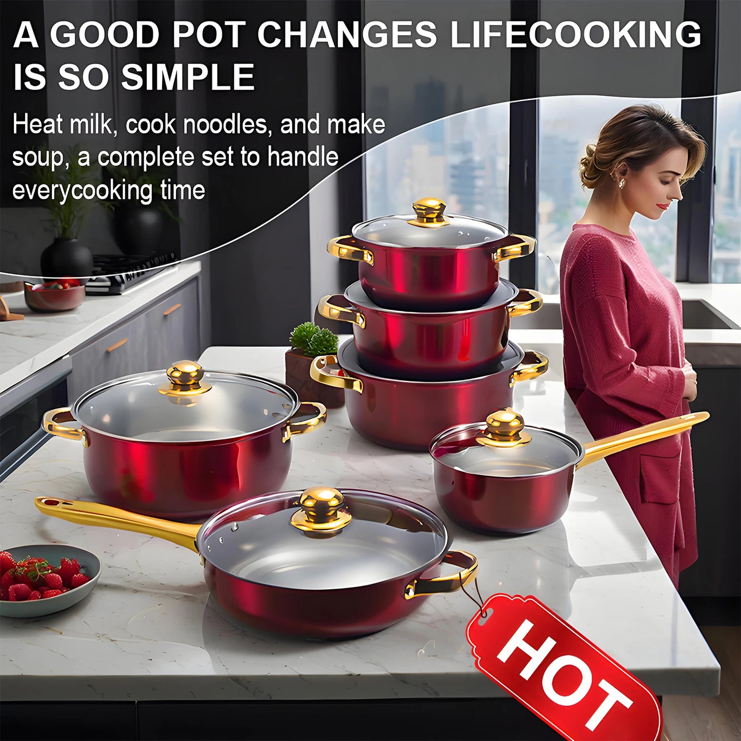 12-Piece Cookware Set, Stainless Steel, Non-Stick, ergonomic design