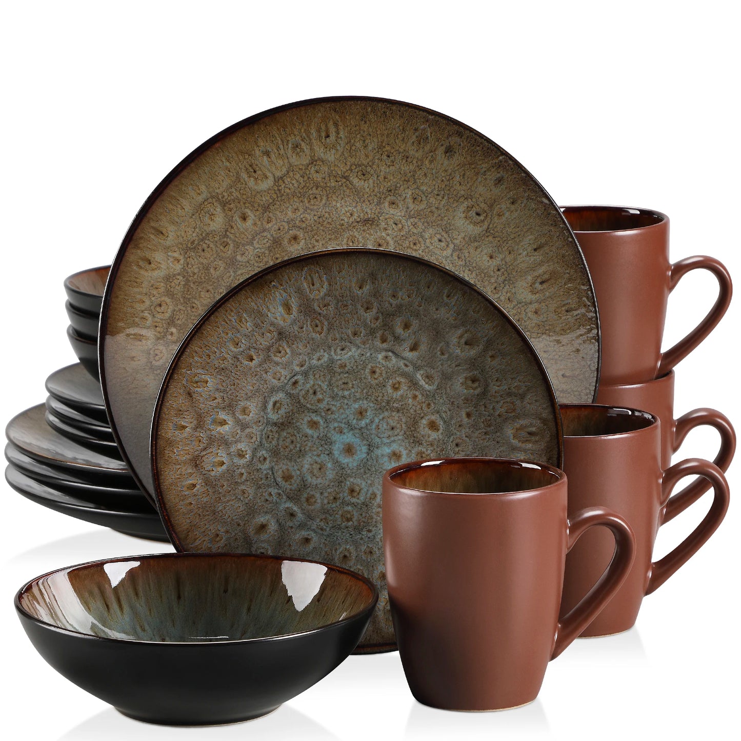 16/32/48-Piece Vintage Ceramic Blue/Brown Stoneware Set