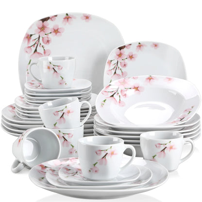 60-Piece White Ceramic Pink Floral Porcelain Plate Set