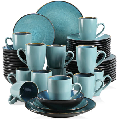 16/32/48-Piece Vintage Ceramic Blue/Brown Stoneware Set