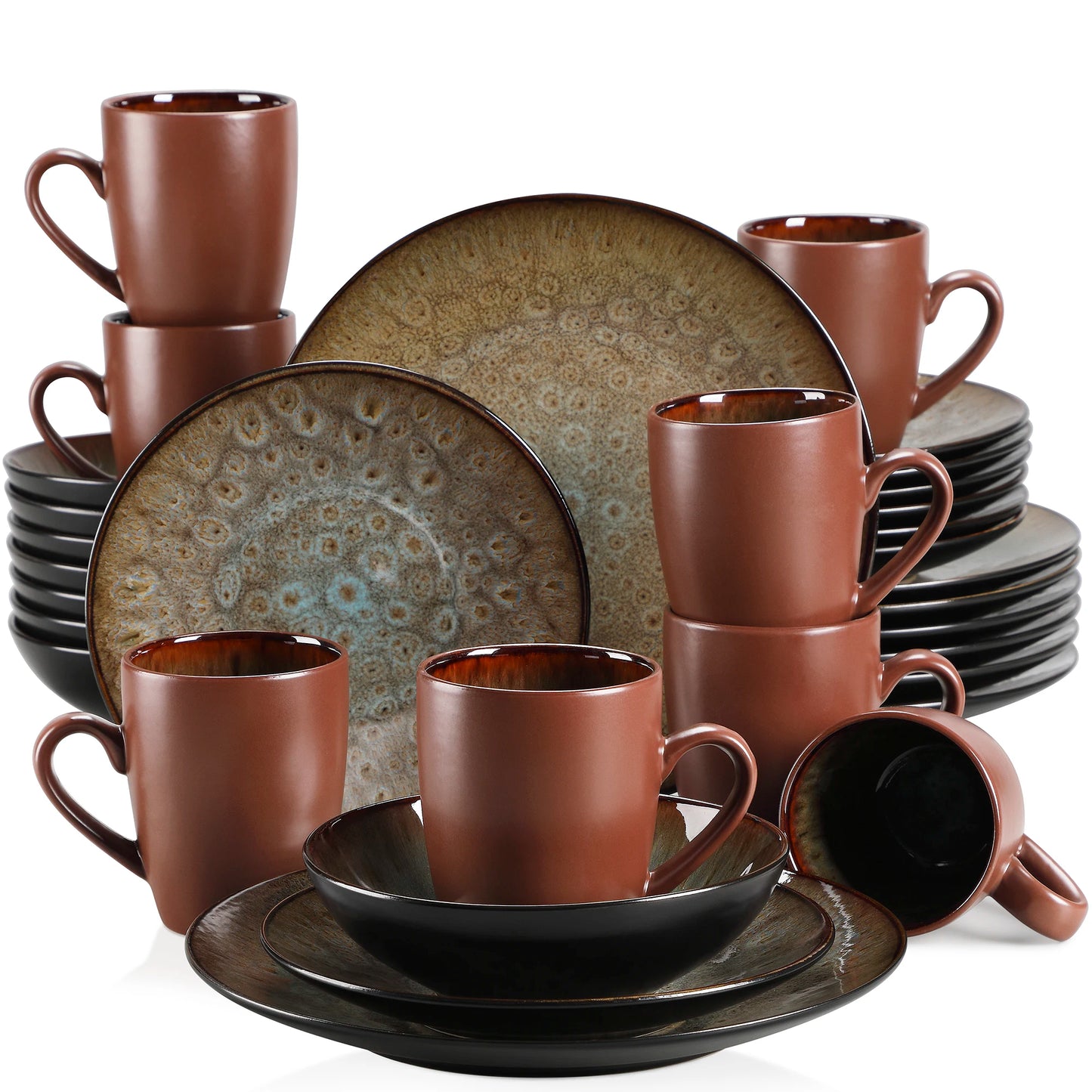 16/32/48-Piece Vintage Ceramic Blue/Brown Stoneware Set