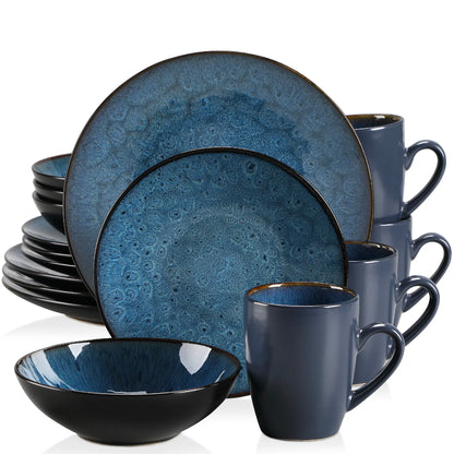 16/32/48-Piece Vintage Ceramic Blue/Brown Stoneware Set
