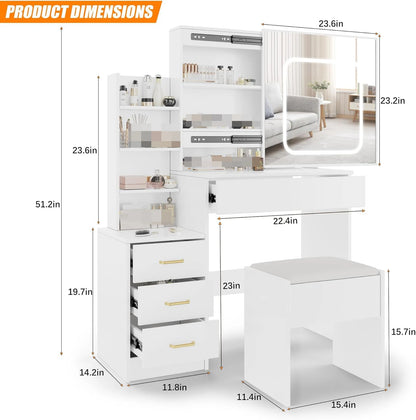 Vanity Desk with Mirror and Led Lights, Bench Included