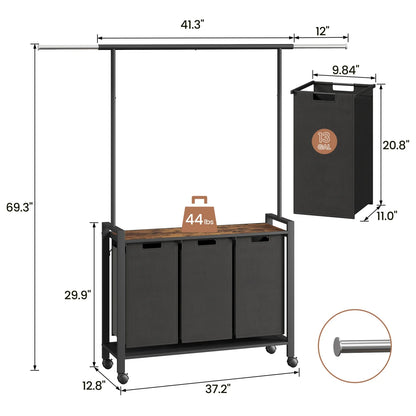 Laundry Sorter With Extendable Hanging Bar/ Wheels And Shelf