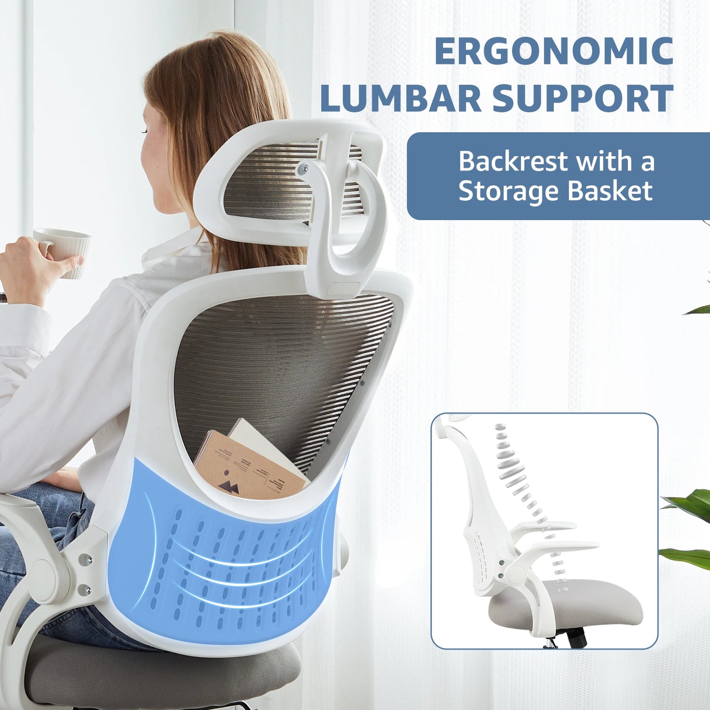Mesh Ergonomic Office Chair Flip-up Arms Adjustable Headrests Comfortable Lumbar Support