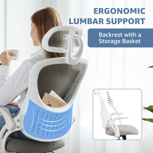 Mesh Ergonomic Office Chair Flip-up Arms Adjustable Headrests Comfortable Lumbar Support