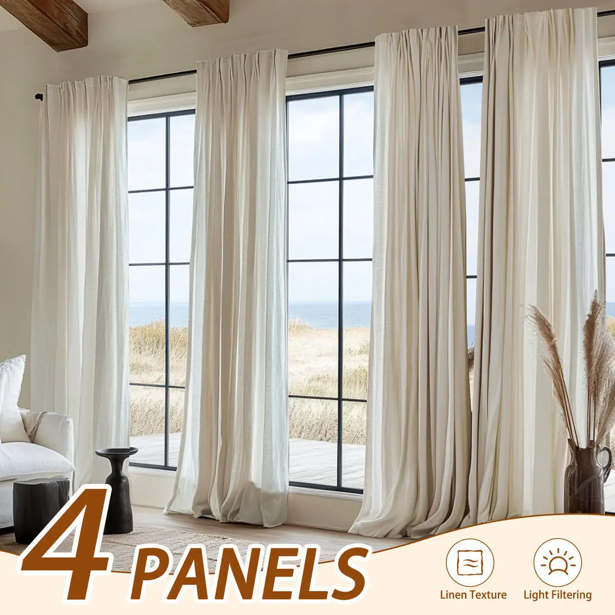 4Panel Light Filtering, Linen Texture and Rod Pocket Window Drapes