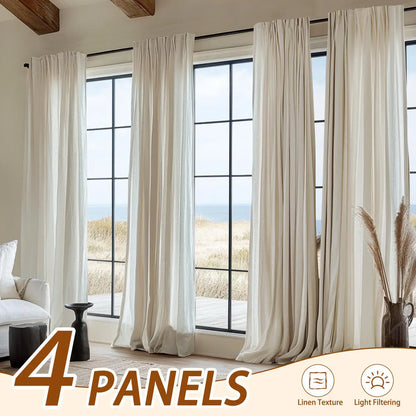 4Panel Light Filtering, Linen Texture and Rod Pocket Window Drapes