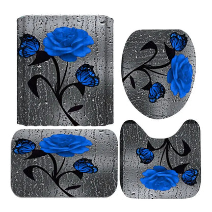 4pcs Set Shower Curtain, Non-Slip Rugs, Toilet Seat Cover Durable Waterproof Decor