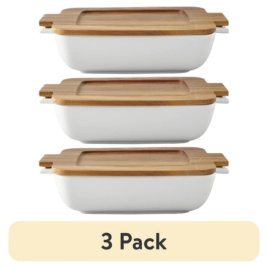 3-Ceramic Oven to Table Bakeware with Acacia Wood Lid Dishwasher Safe