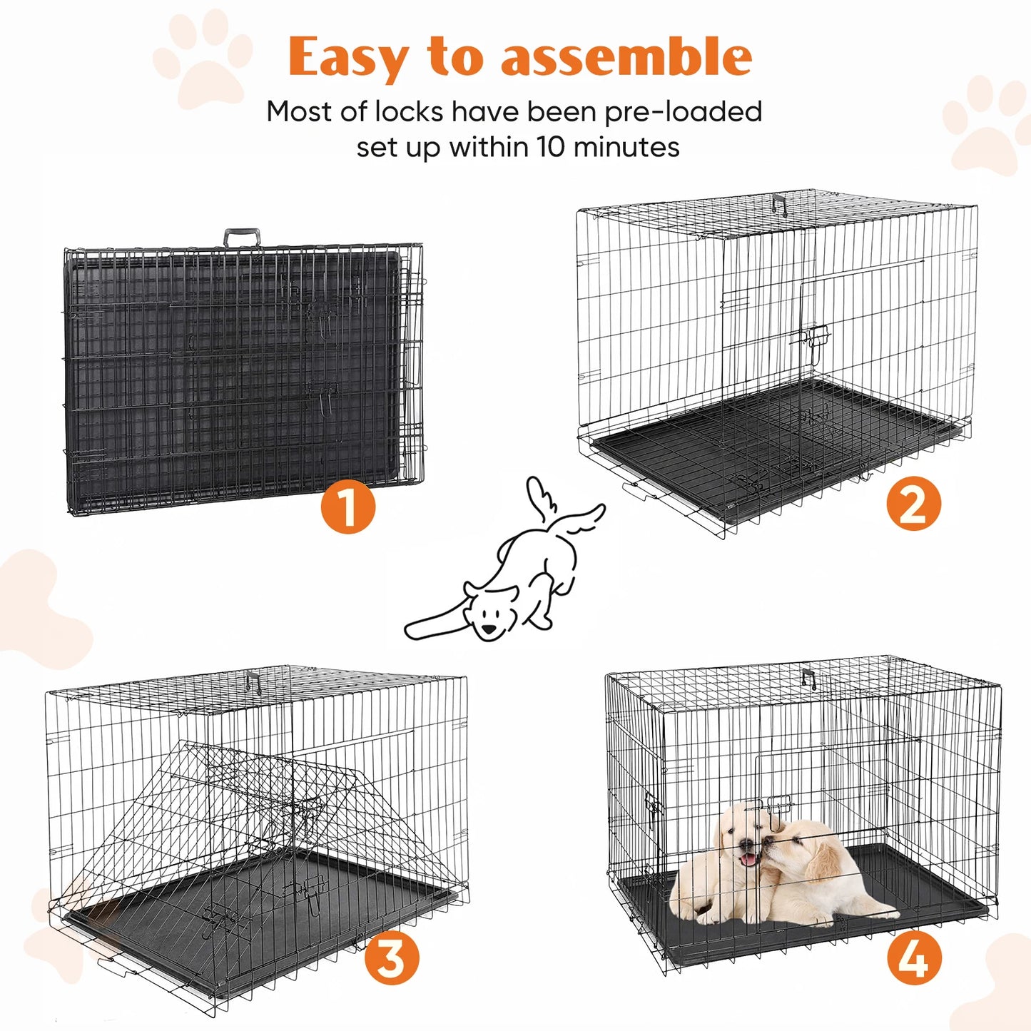 Double Door Folding Metal Pet Kennel with Plastic Leak-Proof Pan Tray
