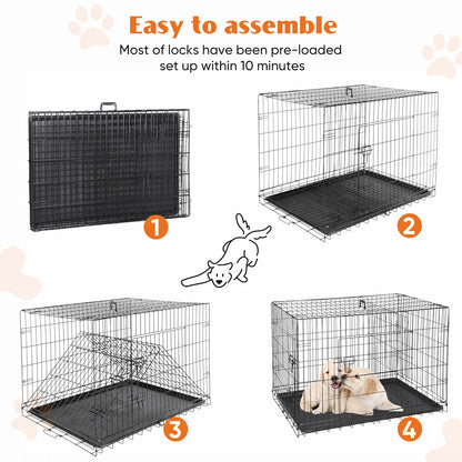 Double Door Folding Metal Pet Kennel with Plastic Leak-Proof Pan Tray