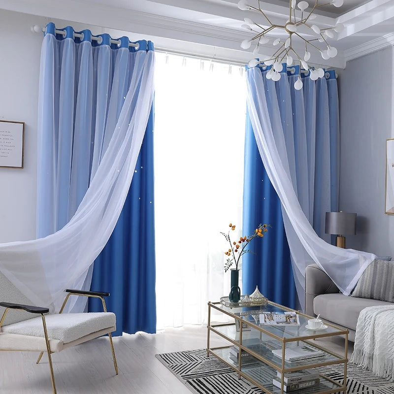 2 Panels Double Layer Blackout Curtains with Stars and Solid Colors