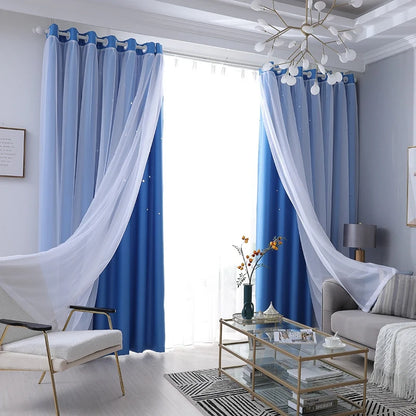 2 Panels Double Layer Blackout Curtains with Stars and Solid Colors
