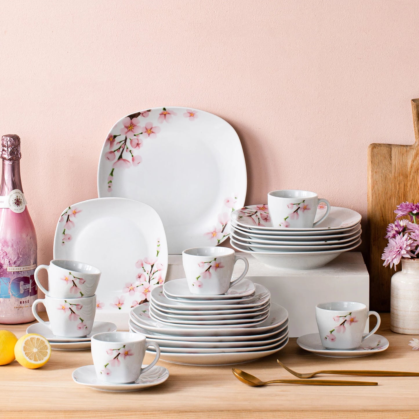 60-Piece White Ceramic Pink Floral Porcelain Plate Set