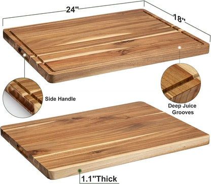 Butcher Block Cutting Board, Thick with Side Handles & Water Grooves