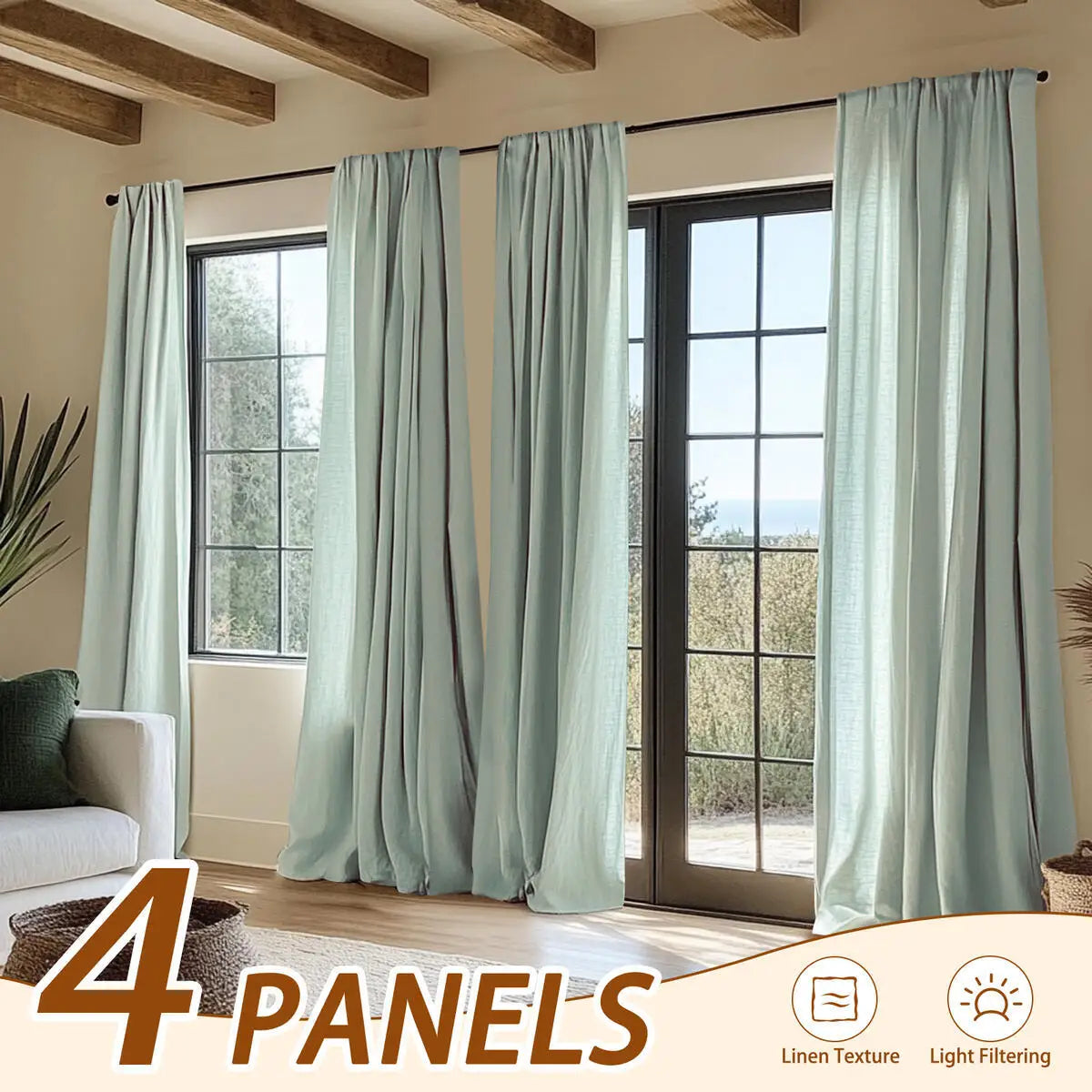 4Panel Light Filtering, Linen Texture and Rod Pocket Window Drapes