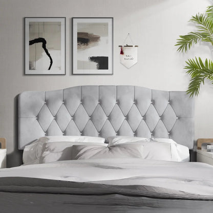 Modern Upholstered Tufted Headboard Adjustable Height Silver Grey Velvet Queen Size